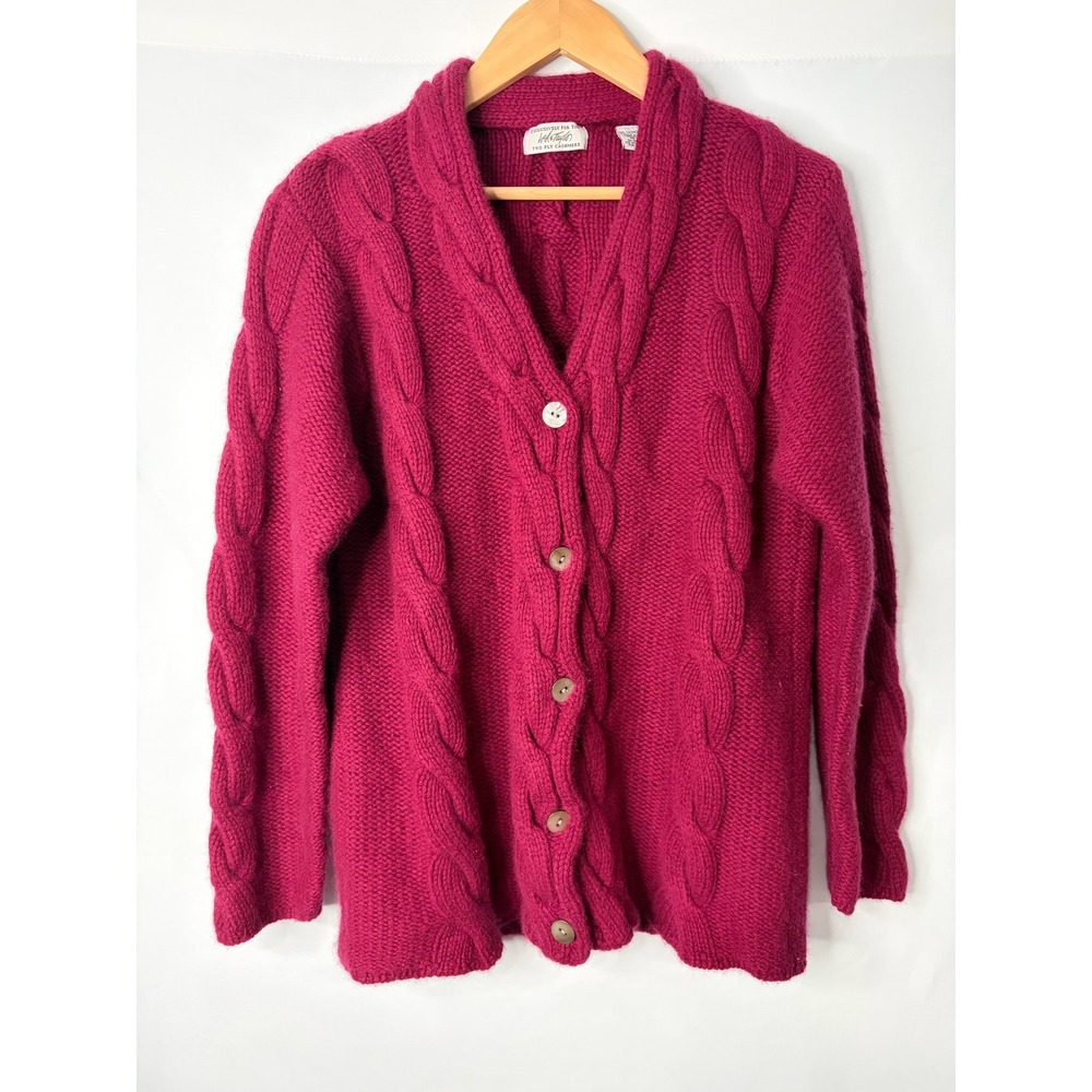 Lord & Taylor Two-Ply Cashmere Cable Knit Shawl Cardigan SweaterSz M Magenta Red